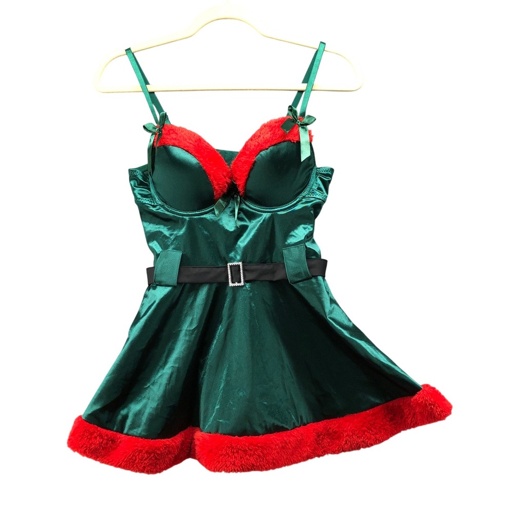 Holiday Christmas Elf Costume Lingerie Babydoll Dress Green Red Size Medium